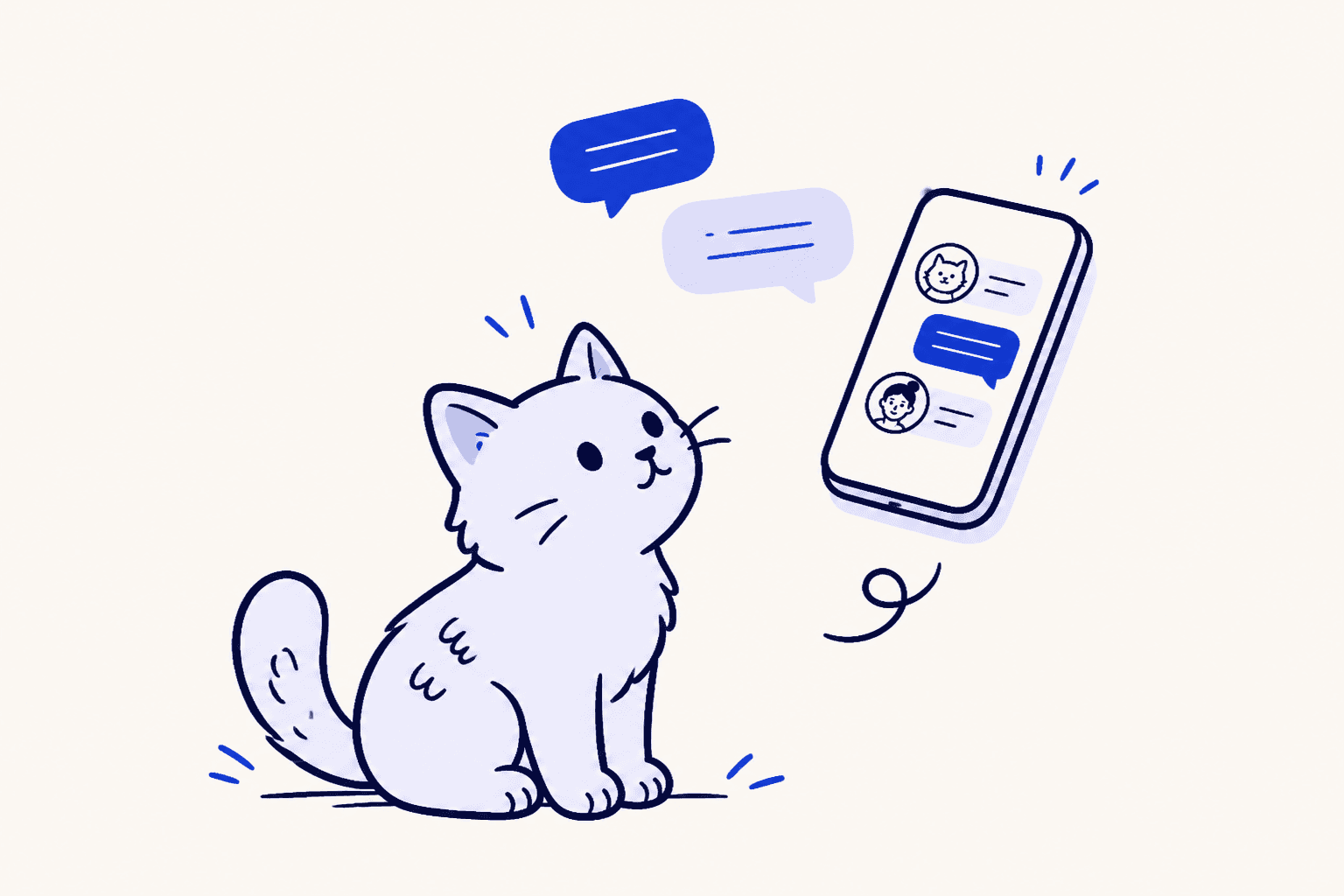 Ilustración de un gato chateando con un MVZ desde un celular